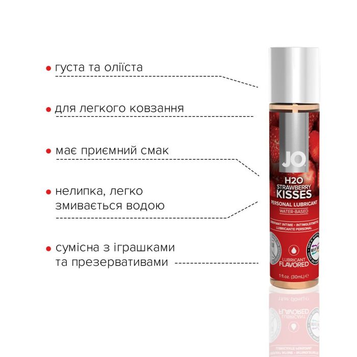 Смазка на водной основе JO H2O — Strawberry Kiss (30 мл) без сахара, растительный глицерин