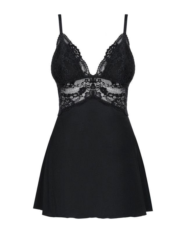 Сатиновый пеньюар с кружевом Obsessive 810-BAB-1 babydoll & thong S/M, черный, пеньюар, танга