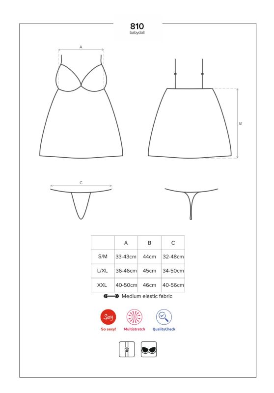 Сатиновый пеньюар с кружевом Obsessive 810-BAB-1 babydoll & thong L/XL, черный, пеньюар, танга