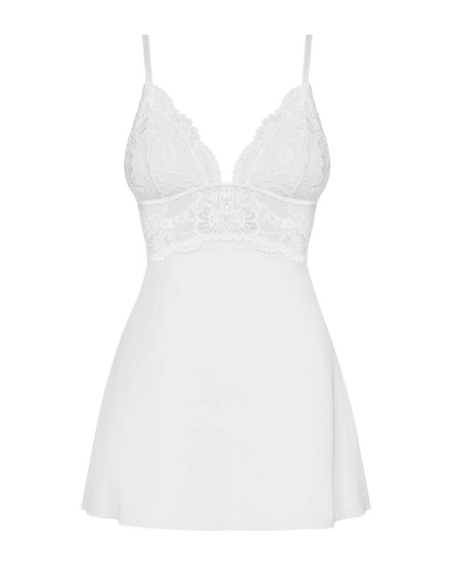 Сатиновый пеньюар с кружевом Obsessive 810-BAB-2 babydoll & thong S/M, белый, пеньюар, танга