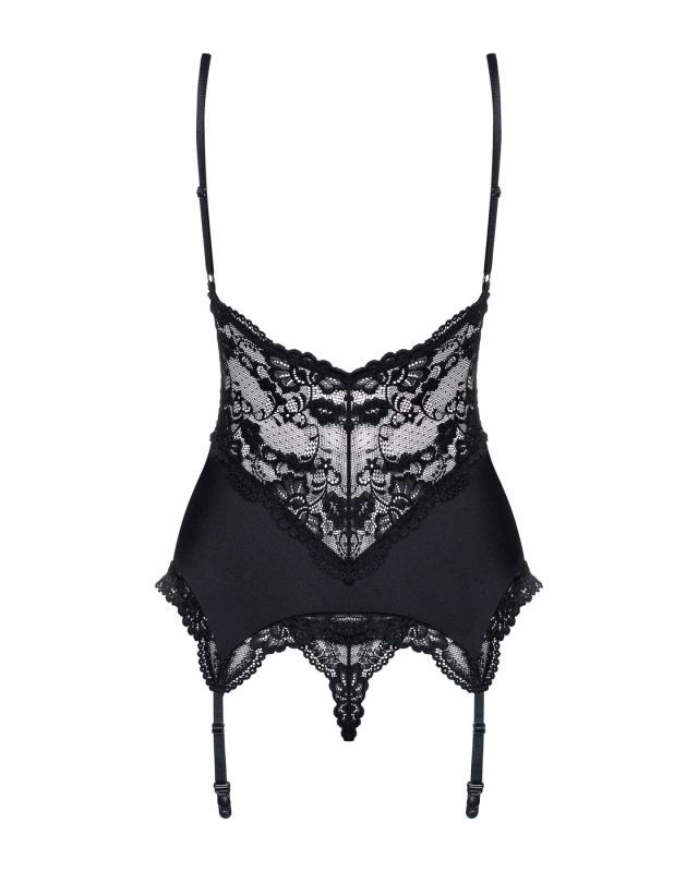 Сатиновый кружевной корсет Obsessive 810-COR-1 babydoll & thong S/M, черный, корсет, танга