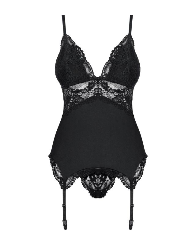 Сатиновый кружевной корсет Obsessive 810-COR-1 babydoll & thong L/XL, черный, корсет, танга