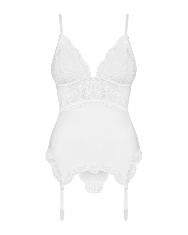 (SALE) Сатиновый кружевной корсет Obsessive 810-COR-2 babydoll & thong S/M, белый, корсет, танга