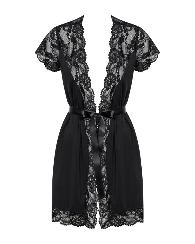 Сатиновый открытый пеньюар на поясе Obsessive 810-PEI–1 peignoir black 2XL/3XL, черный