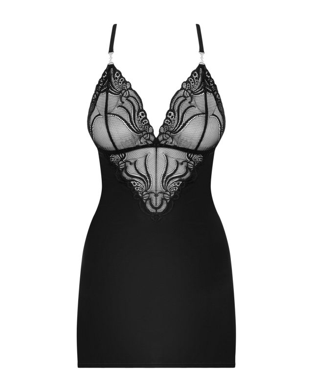 Сатиновый комплект для сна с кружевом Obsessive 828-CHE-1 chemise & thong S/M, черный, сорочка, стри
