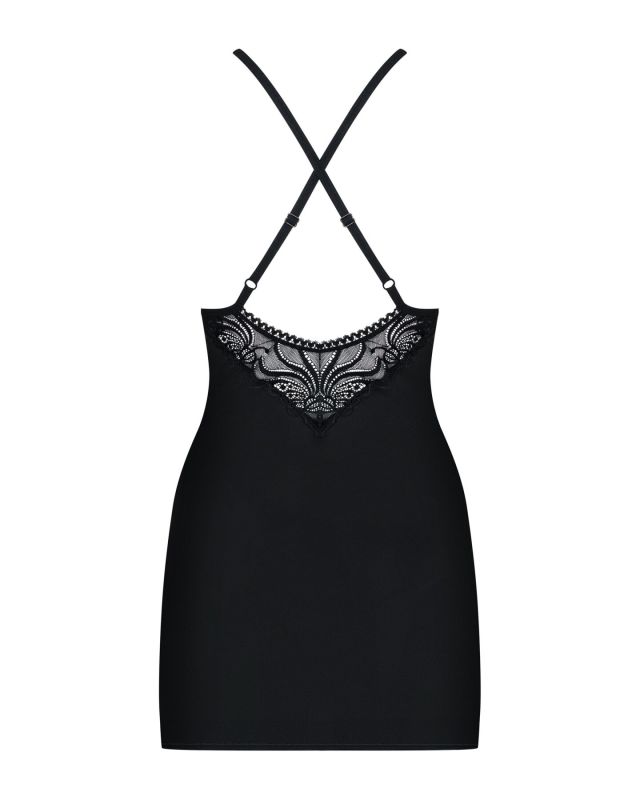 (SALE) Сатиновый комплект для сна с кружевом Obsessive 828-CHE-1 chemise & thong L/XL, черный, сорочка
