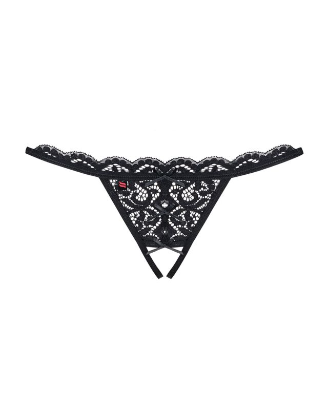 Кружевные танга с двумя отверстиями Obsessive 831-THC-1 crotchless thong S/M, черные, бантики