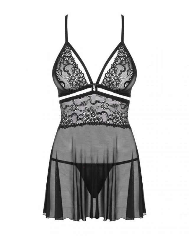 Эротический кружевной комплект с сеточкой Obsessive 838-BAB-1 babydoll & thong black XXL, черный, пе