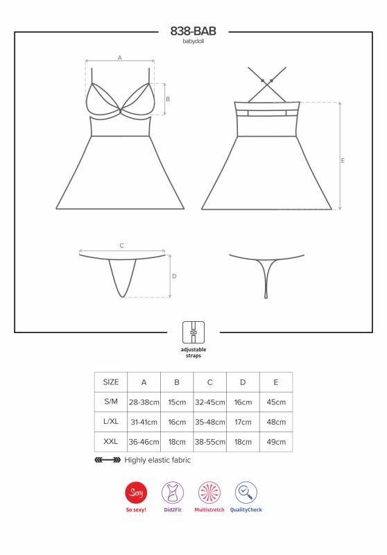 Эротический кружевной комплект с сеточкой Obsessive 838-BAB-1 babydoll & thong black XXL, черный, пе