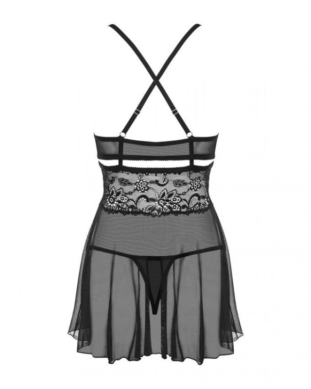 Эротический кружевной комплект с сеточкой Obsessive 838-BAB-1 babydoll & thong black XXL, черный, пе
