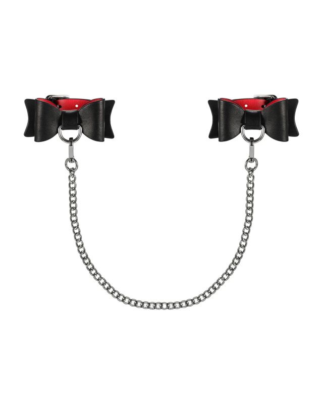 Кожаные наручники-банты с длинной цепью Obsessive A745 cuffs, черно-красные, длинная цепь