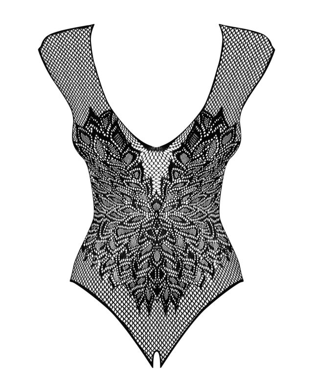 (SALE) Бодистокинг из крупной сетки с кружевом Obsessive B112 teddy XL/XXL, черный, с доступом