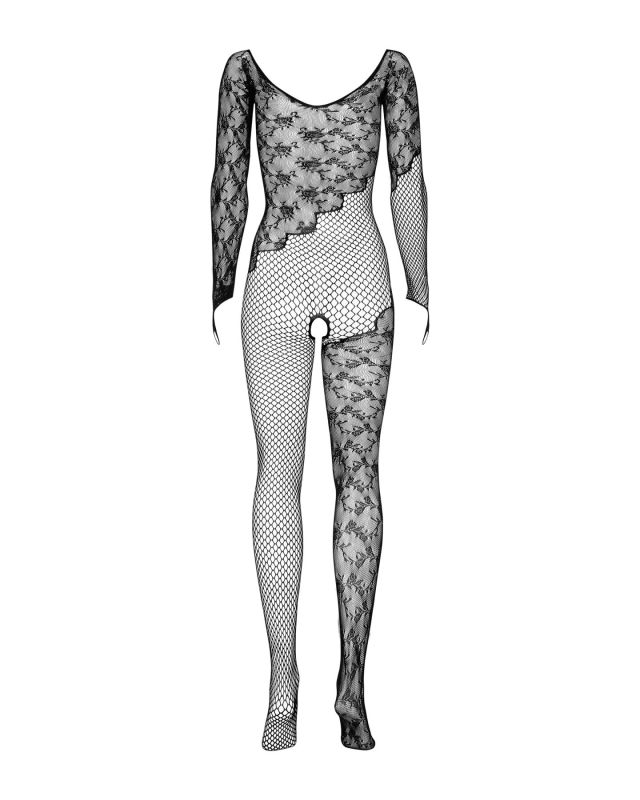 (SALE) Бодистокинг Obsessive Bodystocking F210 S/M/L black, рукава-митенки, сетка, цветное кружево