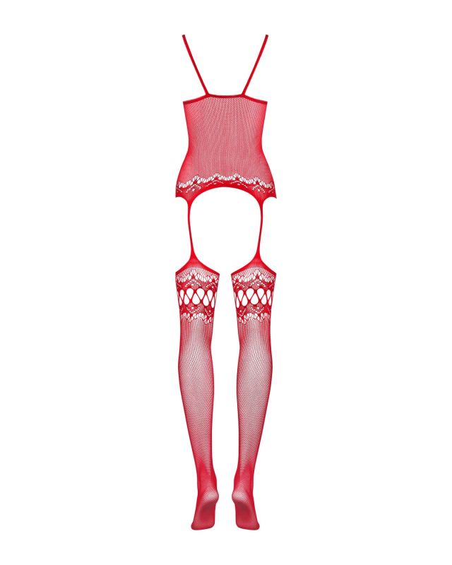 (SALE) Бодистокинг Obsessive Bodystocking F214 red S/M/L, имитация корсета и чулок на подвязках