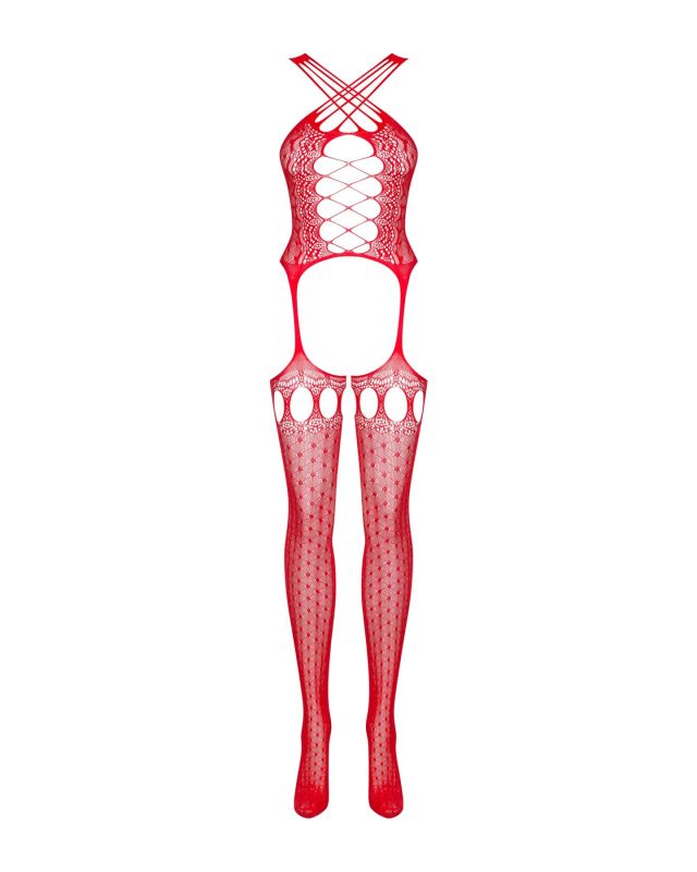 (SALE) Бодистокинг Obsessive Bodystocking G313 S/M/L red, шнуровка, геометрический декор