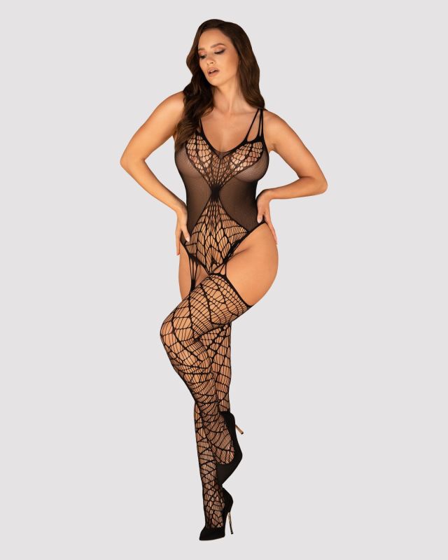 (SALE) Ажурный бодистокинг под паутину Obsessive Bodystocking G325 black S/M/L, черный, комбинезон, имитаци