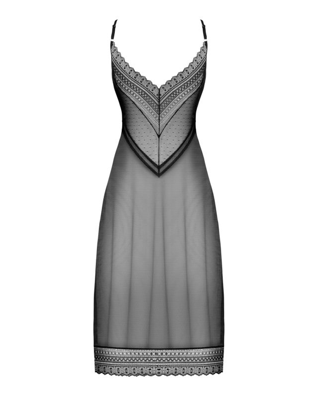 (SALE) Полупрозрачная длинная сорочка Obsessive Estiqua chemise XL/2XL, черный, ассиметричный крой