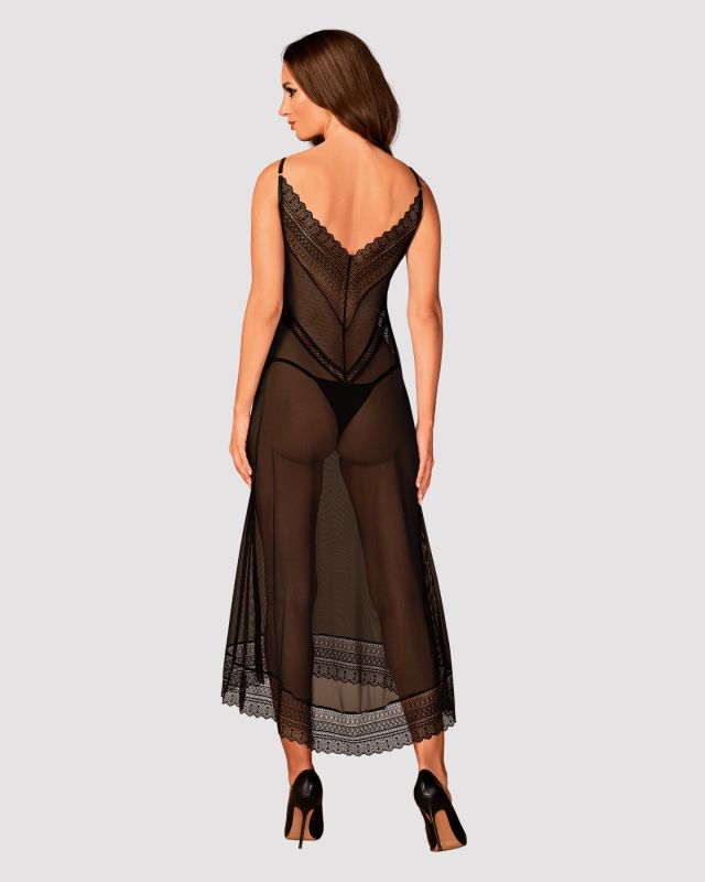 (SALE) Полупрозрачная длинная сорочка Obsessive Estiqua chemise XL/2XL, черный, ассиметричный крой