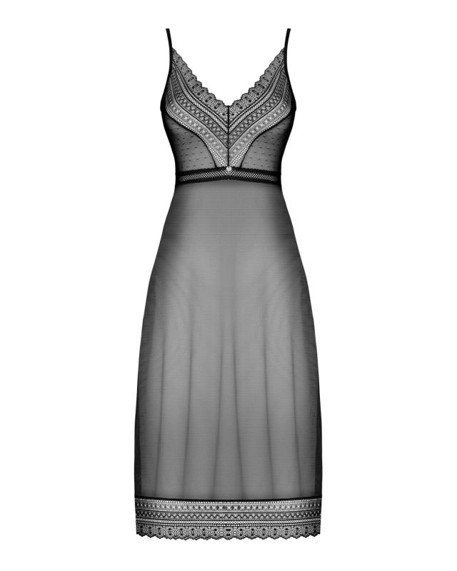 (SALE) Полупрозрачная длинная сорочка Obsessive Estiqua chemise XL/2XL, черный, ассиметричный крой