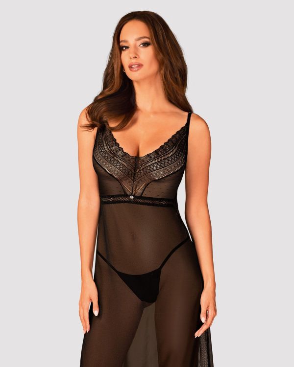 (SALE) Полупрозрачная длинная сорочка Obsessive Estiqua chemise XL/2XL, черный, ассиметричный крой