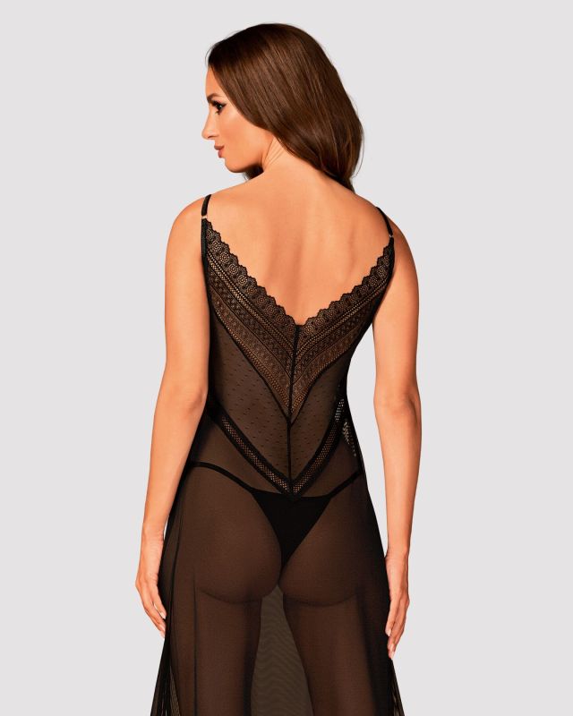 (SALE) Полупрозрачная длинная сорочка Obsessive Estiqua chemise XL/2XL, черный, ассиметричный крой