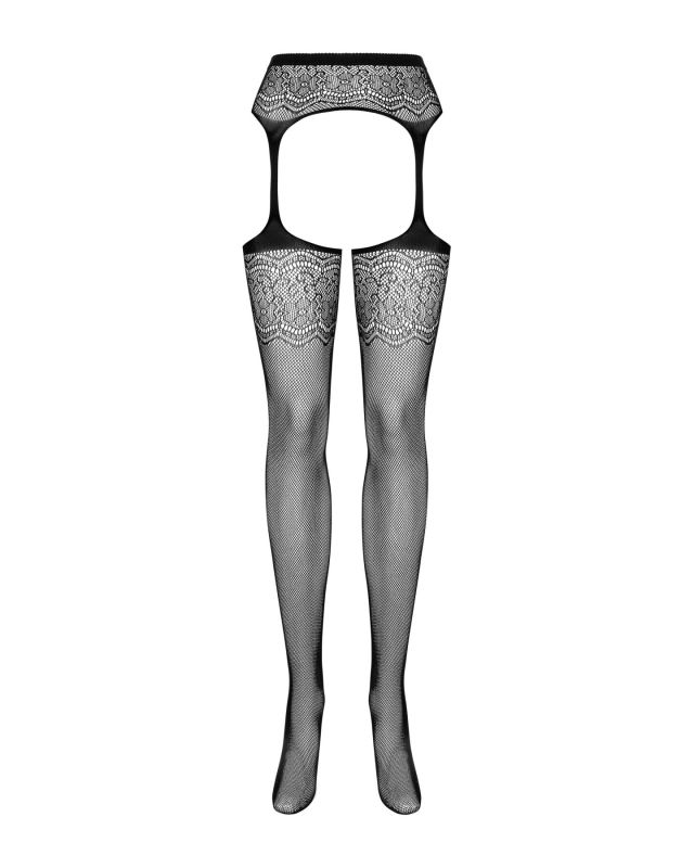 (SALE) Сетчатые чулки-стокинги с цветочным рисунком Obsessive Garter stockings S207 S/M/L, черные, имитация