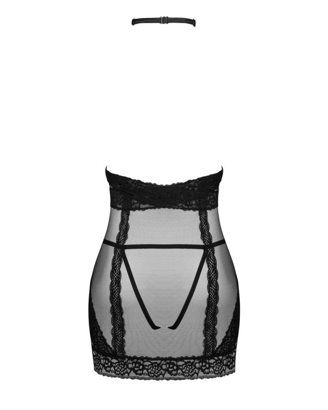 Полупрозрачная сорочка с открытой грудью Obsessive Lacrisia chemise XS/S, черная, с чокером