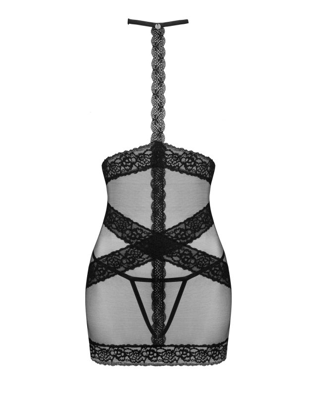 Полупрозрачная сорочка с открытой грудью Obsessive Lacrisia chemise XS/S, черная, с чокером