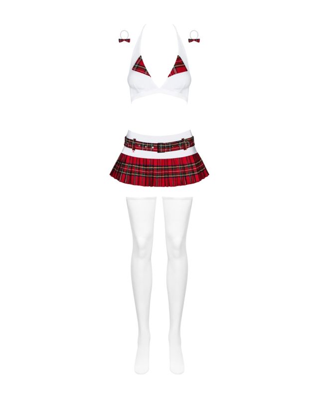 Эротический костюм школьницы с мини-юбкой Obsessive Schooly 5pcs costume L/XL, бело-красный, топ, юб
