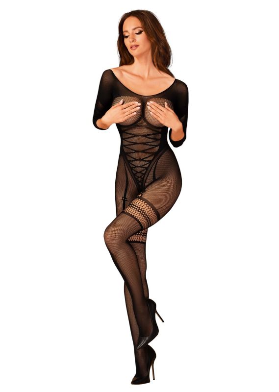 (SALE) Сетчатый бодистокинг с имитацией подвязок Obsessive Bodystocking G329 XL/XXL, black, с доступом