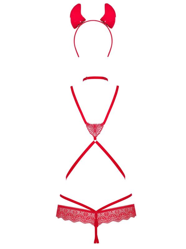 (SALE) Эротический костюм чертика из стреп Obsessive Evilia teddy red L/XL, боди, чокер, накладки на соски,