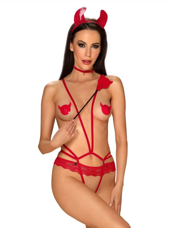 (SALE) Эротический костюм чертика из стреп Obsessive Evilia teddy red L/XL, боди, чокер, накладки на соски,