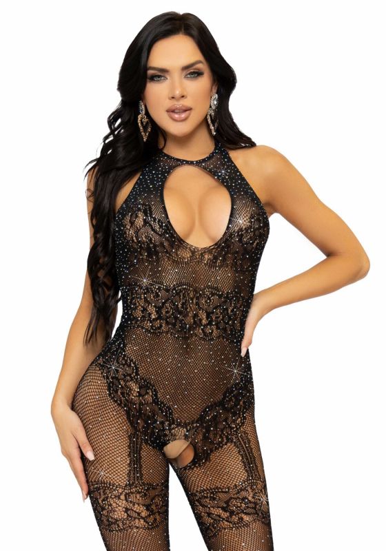 (SALE) Бодистокинг Leg Avenue Rhinestone Lace and Net Bodystocking OS Black