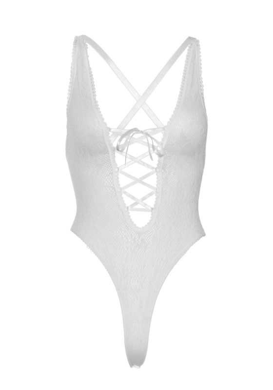 Кружевное боди Leg Avenue Floral lace thong teddy White, шнуровка на груди, one size