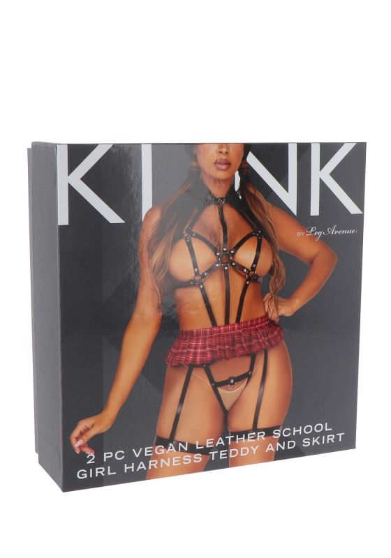 BDSM-костюм ученицы Leg Avenue Harness teddy & skirt M Black, портупея, мини-юбка, экокожа
