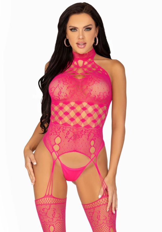 Кружевной бодистокинг с открытым доступом Leg Avenue High neck lace bodystocking One size Raspberry