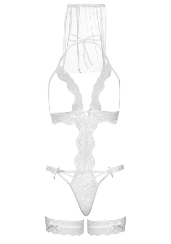 Костюм невесты Leg Avenue G-string teddy, veil & garter One size White, с открытой грудью