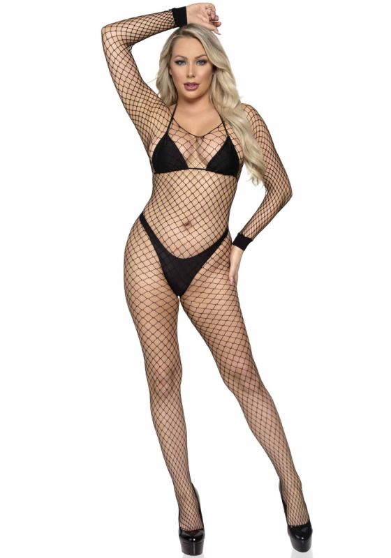 Бодистокинг в крупную сетку Leg Avenue Long Sleeved Bodystocking One size Black, длинный рукав