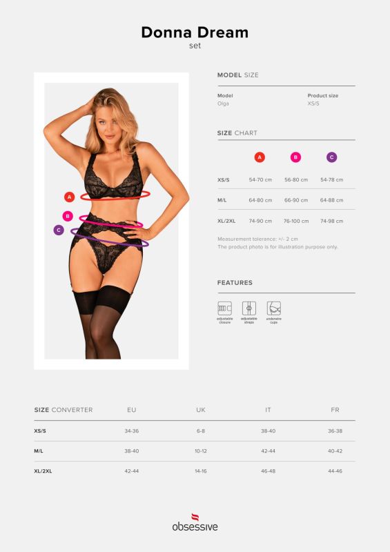 (SALE) Комплект белья Obsessive Donna Dream 3-pcs set XS/S Black, бюстгальтер, стринги, пояс для чулок