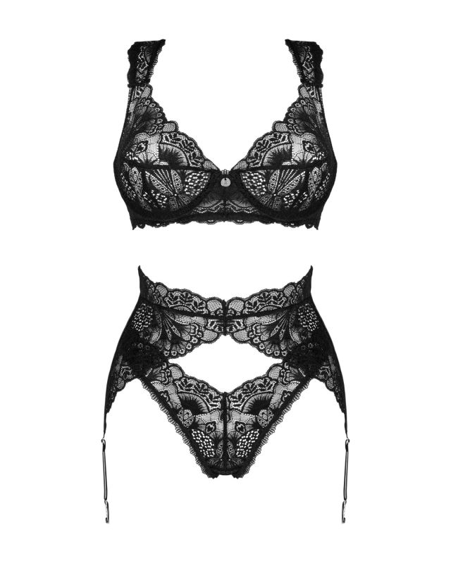 Комплект белья Obsessive Donna Dream 3-pcs set XL/2XL Black, бюстгальтер, стринги, пояс для чулок