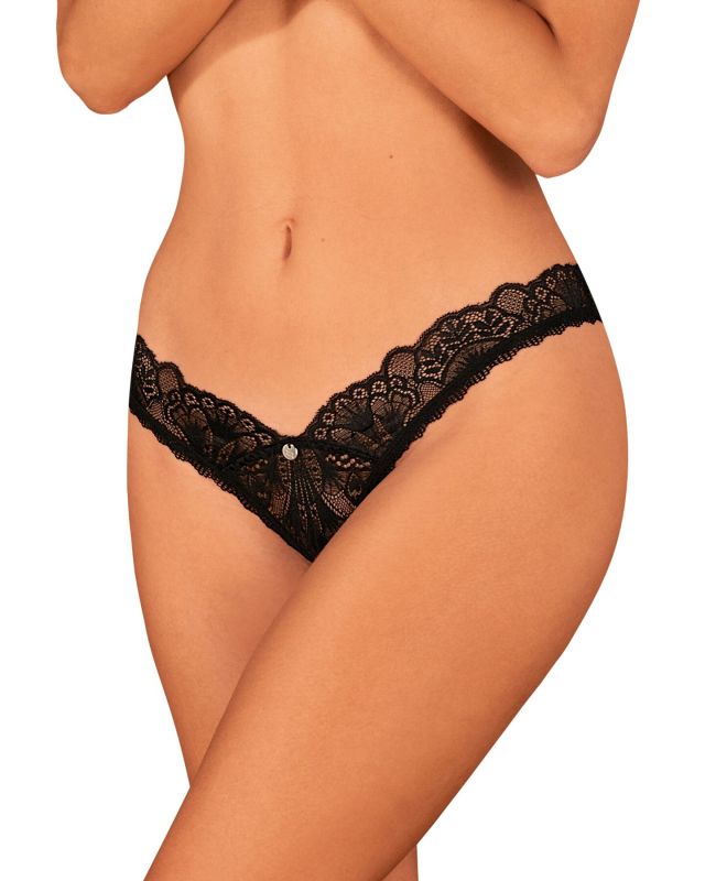 Кружевные стринги Obsessive Donna Dream crotchless thong XL/2XL Black, открытый доступ