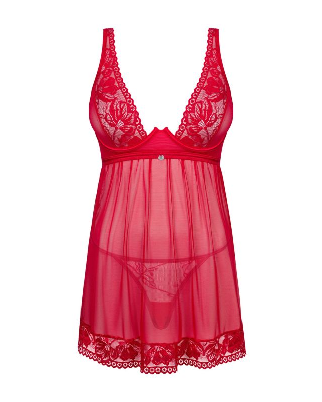 Прозрачная сорочка бэби-долл Obsessive Lacelove babydoll & thong M/L Red, кружево, стринги