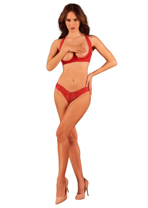 Комплект белья Obsessive Lacelove cupless 2-pcs set XS/S Red, открытый доступ, открытая грудь