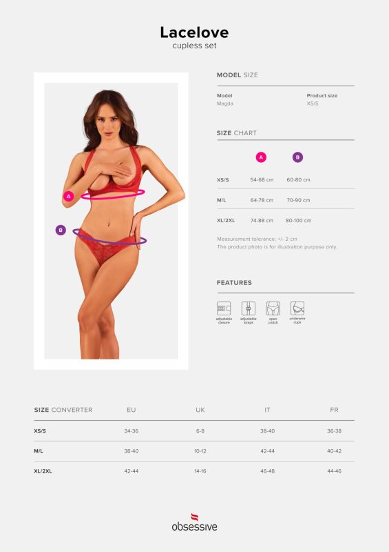 Комплект белья Obsessive Lacelove cupless 2-pcs set XL/2XL Red, открытый доступ, открытая грудь