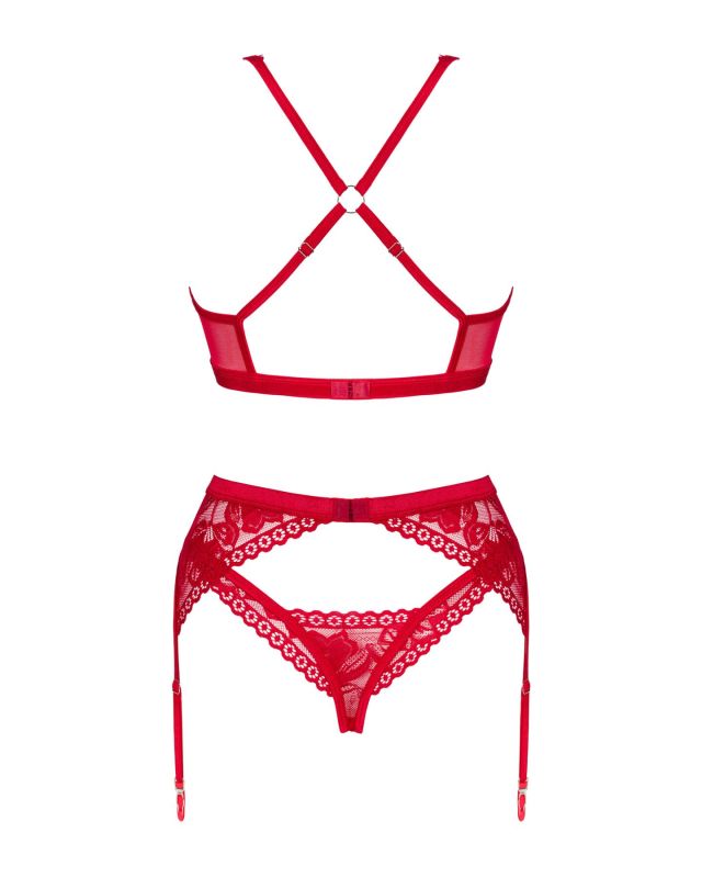 Комплект белья Obsessive Lacelove cupless 3pcs set XS/S Red, бюстгальтер, стринги, пояс для чулок