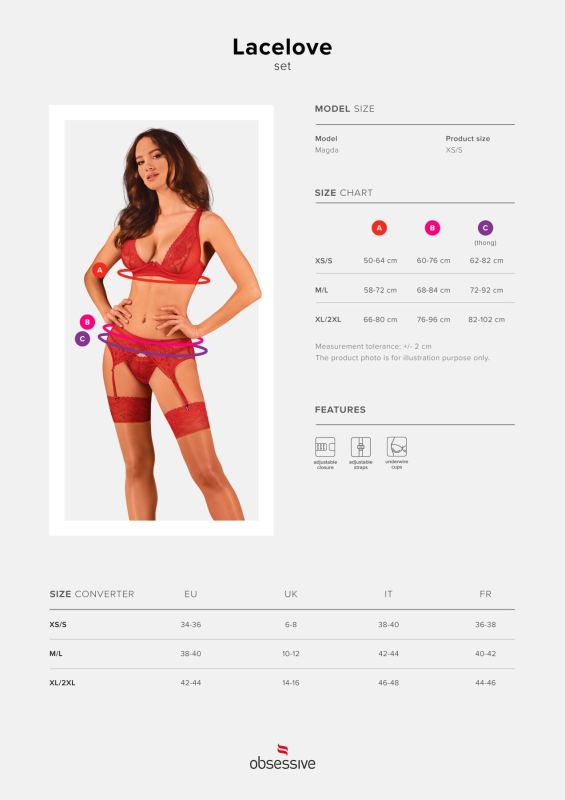 Комплект белья Obsessive Lacelove cupless 3-pcs set M/L Red, бюстгальтер, стринги, пояс для чулок