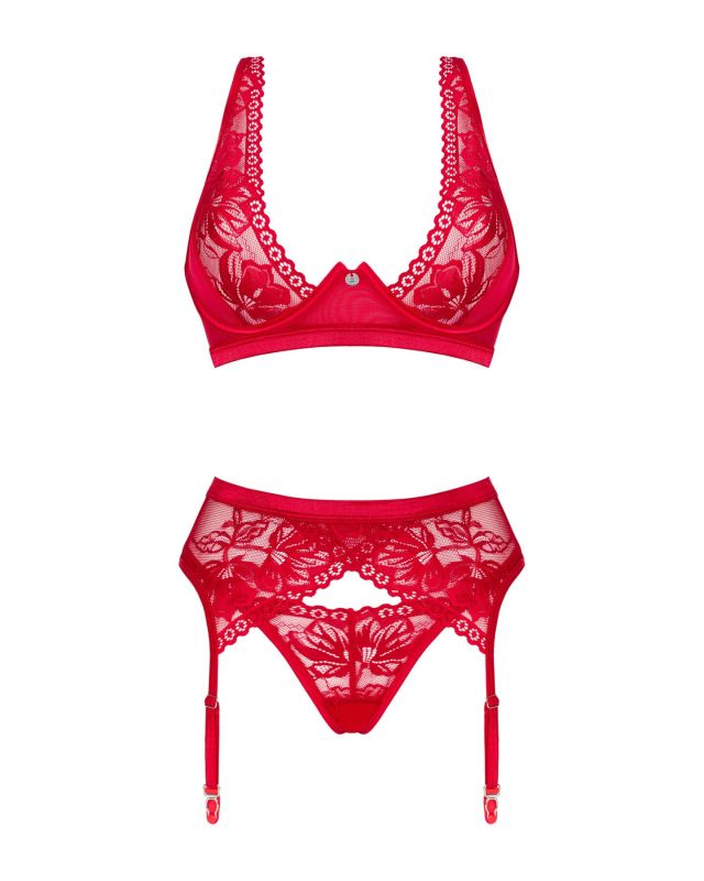 Комплект белья Obsessive Lacelove cupless 3-pcs set XL/2XL Red, бюстгальтер, стринги, пояс для чулок