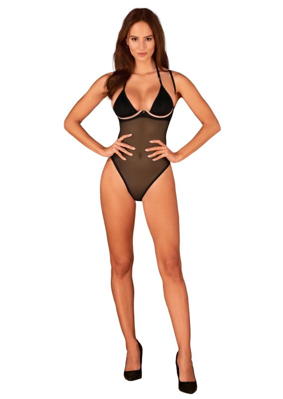 Прозрачное боди Obsessive Selinne teddy XL/2XL Black, мелкая сетка, двойные бретели