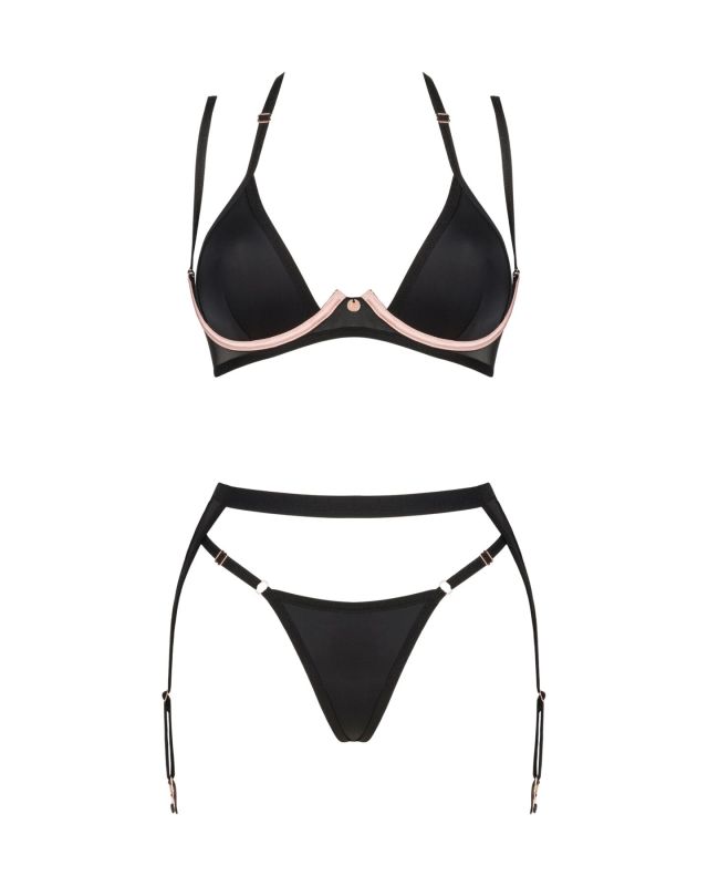 (SALE) Комплект белья Obsessive Selinne 3-pcs set XS/S Black, бюстгальтер, стринги пояс для чулок