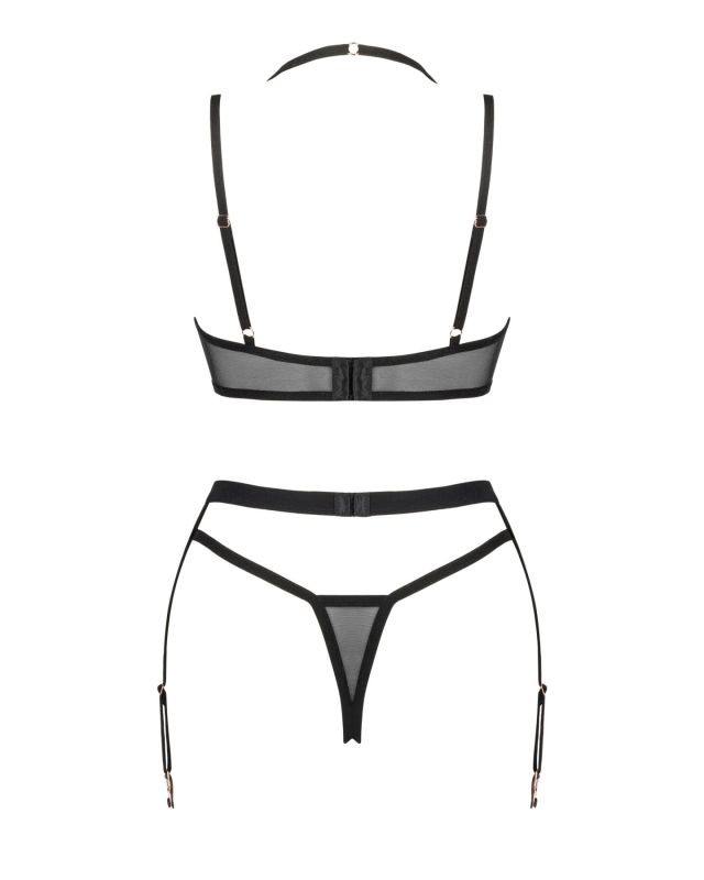 Комплект белья Obsessive Selinne 3-pcs set M/L Black, бюстгальтер, стринги пояс для чулок